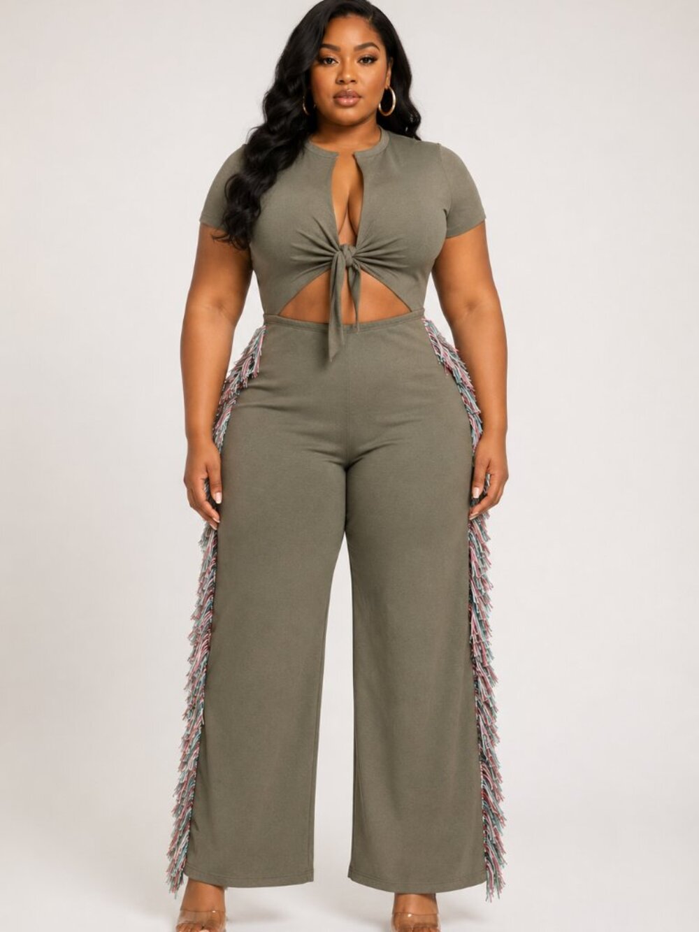 Plus Size Fringe Jumpsuit – Wide Leg with Tassel Detail